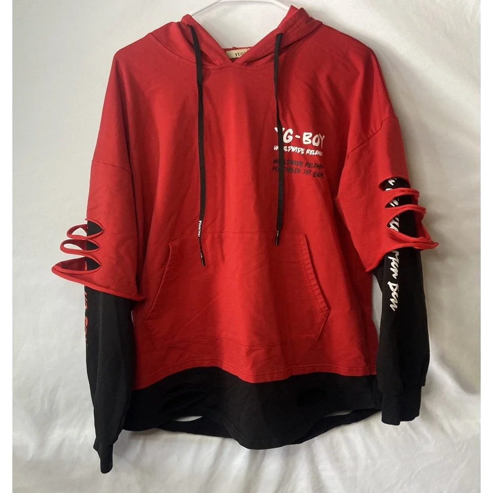 Yuge Fashion Red Black Layered Distressed Graphic Hoodie Mens 3XL Streetwear - Picture 16 of 16